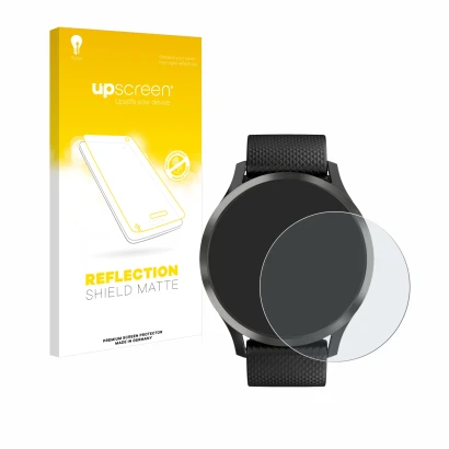 Parte frontal de un envase de producto con el logotipo de la marca upscreen. Al lado se muestra el dispositivo Garmin vivomove