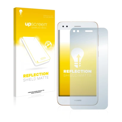 Parte frontal de un envase de producto con el logotipo de la marca upscreen. Al lado se muestra el dispositivo Huawei P9 Lite 