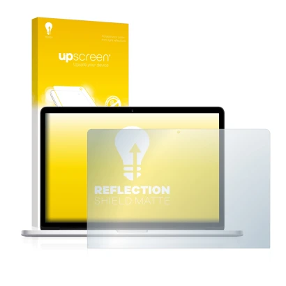 Parte frontal de un envase de producto con el logotipo de la marca upscreen. Al lado se muestra el dispositivo Apple MacBook P