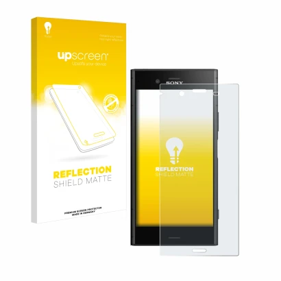 Parte frontal de un envase de producto con el logotipo de la marca upscreen. Al lado se muestra el dispositivo Sony Xperia XZ1