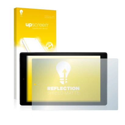 Parte frontal de un envase de producto con el logotipo de la marca upscreen. Al lado se muestra el dispositivo Amazon Fire HD 