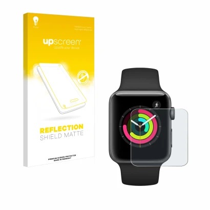 Parte frontal de un envase de producto con el logotipo de la marca upscreen. Al lado se muestra el dispositivo Apple Watch Ser