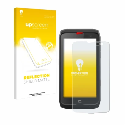 Parte frontal de un envase de producto con el logotipo de la marca upscreen. Al lado se muestra el dispositivo Crosscall Actio