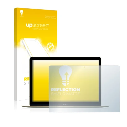 Parte frontal de un envase de producto con el logotipo de la marca upscreen. Al lado se muestra el dispositivo Apple MacBook R