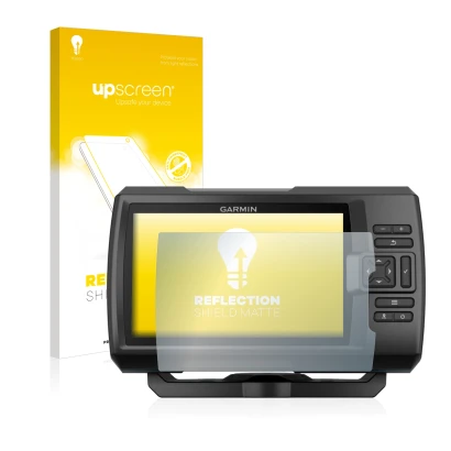Parte frontal de un envase de producto con el logotipo de la marca upscreen. Al lado se muestra el dispositivo Garmin Striker