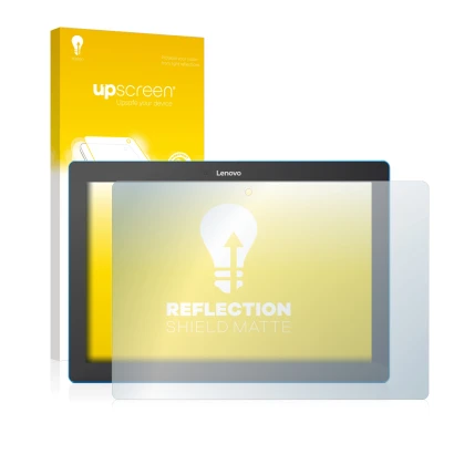 Parte frontal de un envase de producto con el logotipo de la marca upscreen. Al lado se muestra el dispositivo Lenovo Tab 10 T