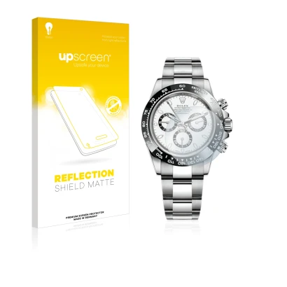 Parte frontal de un envase de producto con el logotipo de la marca upscreen. Al lado se muestra el dispositivo Rolex Cosmograp