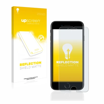 Parte frontal de un envase de producto con el logotipo de la marca upscreen. Al lado se muestra el dispositivo Apple iPhone SE