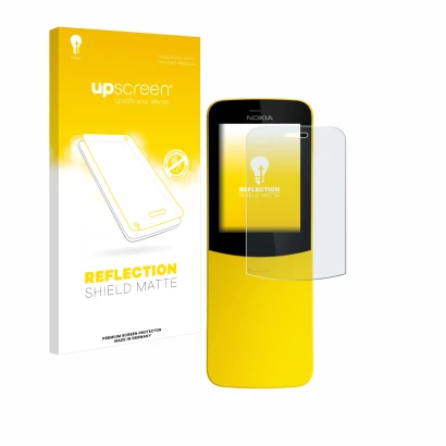 Parte frontal de un envase de producto con el logotipo de la marca upscreen. Al lado se muestra el dispositivo Nokia 8110 con 