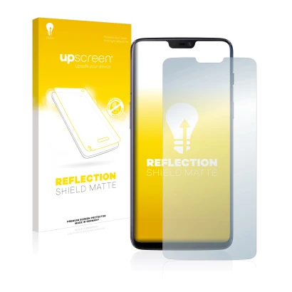 Parte frontal de un envase de producto con el logotipo de la marca upscreen. Al lado se muestra el dispositivo OnePlus 6 con s