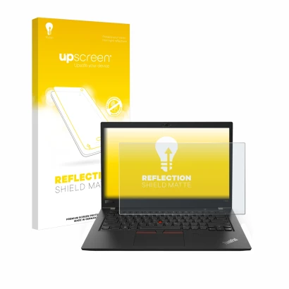 Parte frontal de un envase de producto con el logotipo de la marca upscreen. Al lado se muestra el dispositivo Lenovo ThinkPad