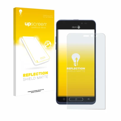 Parte frontal de un envase de producto con el logotipo de la marca upscreen. Al lado se muestra el dispositivo Doro 8035 con s