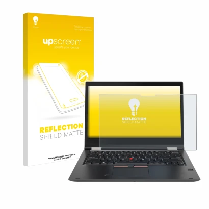 Parte frontal de un envase de producto con el logotipo de la marca upscreen. Al lado se muestra el dispositivo Lenovo ThinkPad