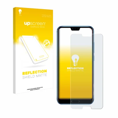 Parte frontal de un envase de producto con el logotipo de la marca upscreen. Al lado se muestra el dispositivo Honor 10 con su