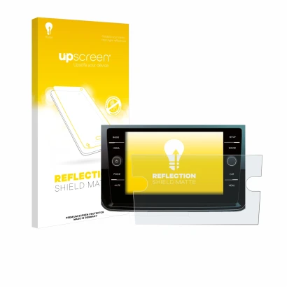 Parte frontal de un envase de producto con el logotipo de la marca upscreen. Al lado se muestra el dispositivo Volkswagen Polo