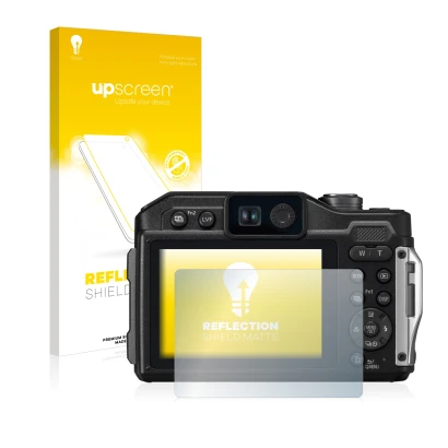 Parte frontal de un envase de producto con el logotipo de la marca upscreen. Al lado se muestra el dispositivo Panasonic Lumix