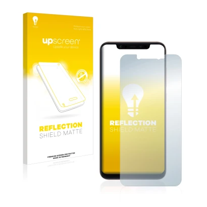 Parte frontal de un envase de producto con el logotipo de la marca upscreen. Al lado se muestra el dispositivo Xiaomi Mi 8 con