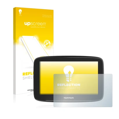 Parte frontal de un envase de producto con el logotipo de la marca upscreen. Al lado se muestra el dispositivo TomTom GO Basic