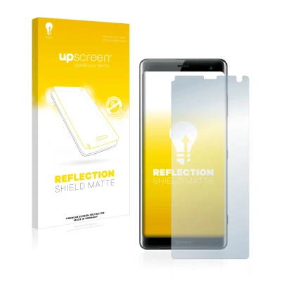 Parte frontal de un envase de producto con el logotipo de la marca upscreen. Al lado se muestra el dispositivo Sony Xperia XZ3