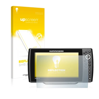 Parte frontal de un envase de producto con el logotipo de la marca upscreen. Al lado se muestra el dispositivo Humminbird Heli