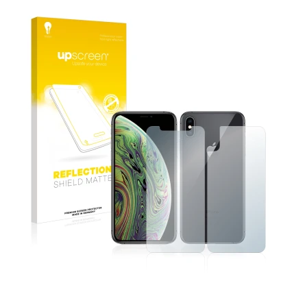 Parte frontal de un envase de producto con el logotipo de la marca upscreen. Al lado se muestra el dispositivo Apple iPhone Xs