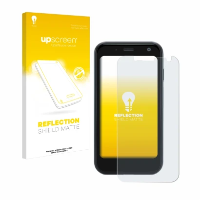 Parte frontal de un envase de producto con el logotipo de la marca upscreen. Al lado se muestra el dispositivo Palm Mini Smart