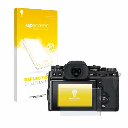 Parte frontal de un envase de producto con el logotipo de la marca upscreen. Al lado se muestra el dispositivo Fujifilm X-T3 c