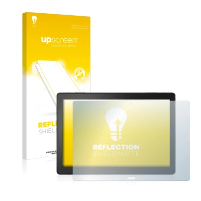 Parte frontal de un envase de producto con el logotipo de la marca upscreen. Al lado se muestra el dispositivo Lenovo Tab P10
