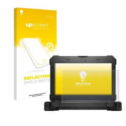 Parte frontal de un envase de producto con el logotipo de la marca upscreen. Al lado se muestra el dispositivo Dell Latitude 5