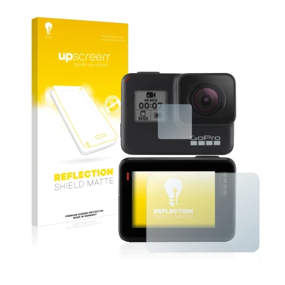 Parte frontal de un envase de producto con el logotipo de la marca upscreen. Al lado se muestra el dispositivo GoPro Hero 7 Bl