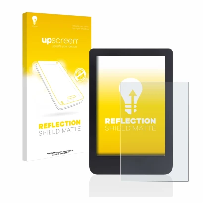 Parte frontal de un envase de producto con el logotipo de la marca upscreen. Al lado se muestra el dispositivo Tolino Shine 3 