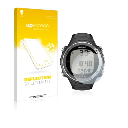 Parte frontal de un envase de producto con el logotipo de la marca upscreen. Al lado se muestra el dispositivo Suunto D4F con