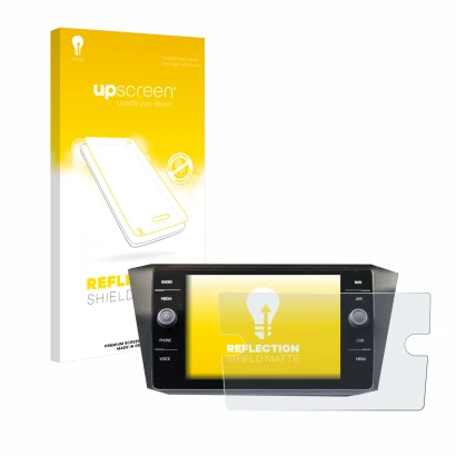 Parte frontal de un envase de producto con el logotipo de la marca upscreen. Al lado se muestra el dispositivo Volkswagen Tigu