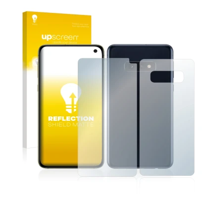 Parte frontal de un envase de producto con el logotipo de la marca upscreen. Al lado se muestra el dispositivo Samsung Galaxy 