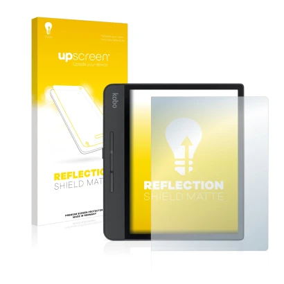Parte frontal de un envase de producto con el logotipo de la marca upscreen. Al lado se muestra el dispositivo Kobo Forma con 