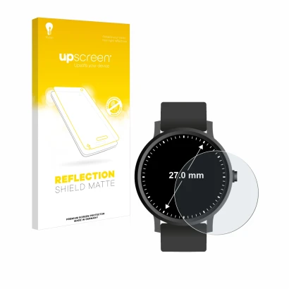 Parte frontal de un envase de producto con el logotipo de la marca upscreen. Al lado se muestra el dispositivo Circular Displa