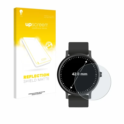 Parte frontal de un envase de producto con el logotipo de la marca upscreen. Al lado se muestra el dispositivo Circular Displa
