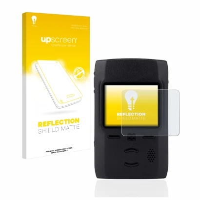 Parte frontal de un envase de producto con el logotipo de la marca upscreen. Al lado se muestra el dispositivo Motorola Adviso