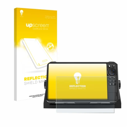 Parte frontal de un envase de producto con el logotipo de la marca upscreen. Al lado se muestra el dispositivo Lowrance HDS 9