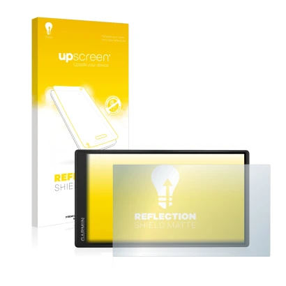 Parte frontal de un envase de producto con el logotipo de la marca upscreen. Al lado se muestra el dispositivo Garmin DriveSma