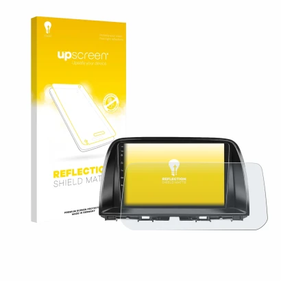 Parte frontal de un envase de producto con el logotipo de la marca upscreen. Al lado se muestra el dispositivo Mazda CX-5 2017