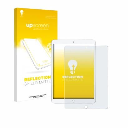 Parte frontal de un envase de producto con el logotipo de la marca upscreen. Al lado se muestra el dispositivo Apple iPad Air