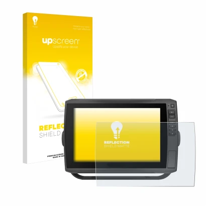 Parte frontal de un envase de producto con el logotipo de la marca upscreen. Al lado se muestra el dispositivo Garmin ECHOMAP 