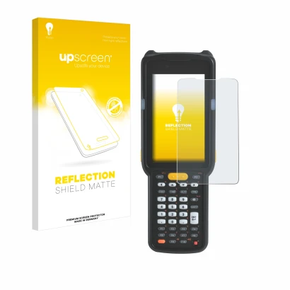 Parte frontal de un envase de producto con el logotipo de la marca upscreen. Al lado se muestra el dispositivo Zebra MC330 con