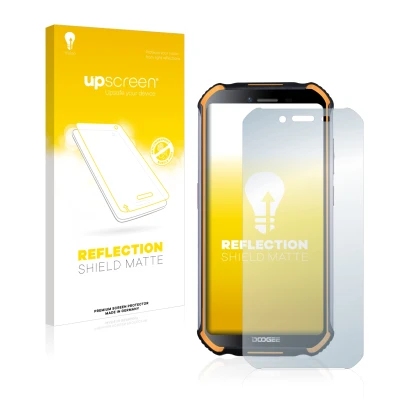 Parte frontal de un envase de producto con el logotipo de la marca upscreen. Al lado se muestra el dispositivo Doogee S40 con