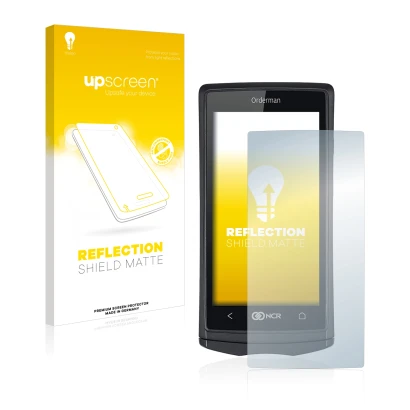Parte frontal de un envase de producto con el logotipo de la marca upscreen. Al lado se muestra el dispositivo Orderman 5 con