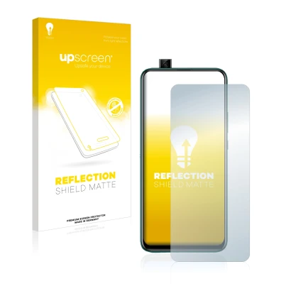 Parte frontal de un envase de producto con el logotipo de la marca upscreen. Al lado se muestra el dispositivo Huawei P smart 