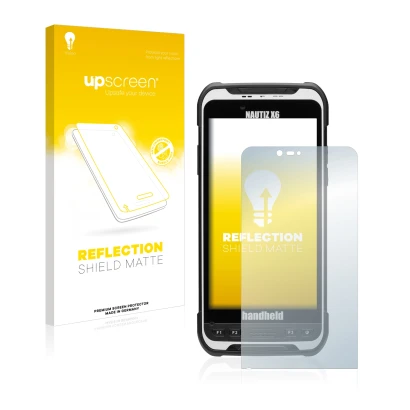 Parte frontal de un envase de producto con el logotipo de la marca upscreen. Al lado se muestra el dispositivo Handheld Nautiz