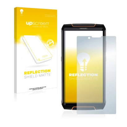 Parte frontal de un envase de producto con el logotipo de la marca upscreen. Al lado se muestra el dispositivo Cubot King Kong