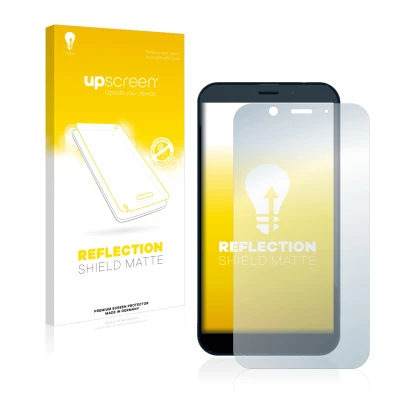 Parte frontal de un envase de producto con el logotipo de la marca upscreen. Al lado se muestra el dispositivo Shiftphones Shi